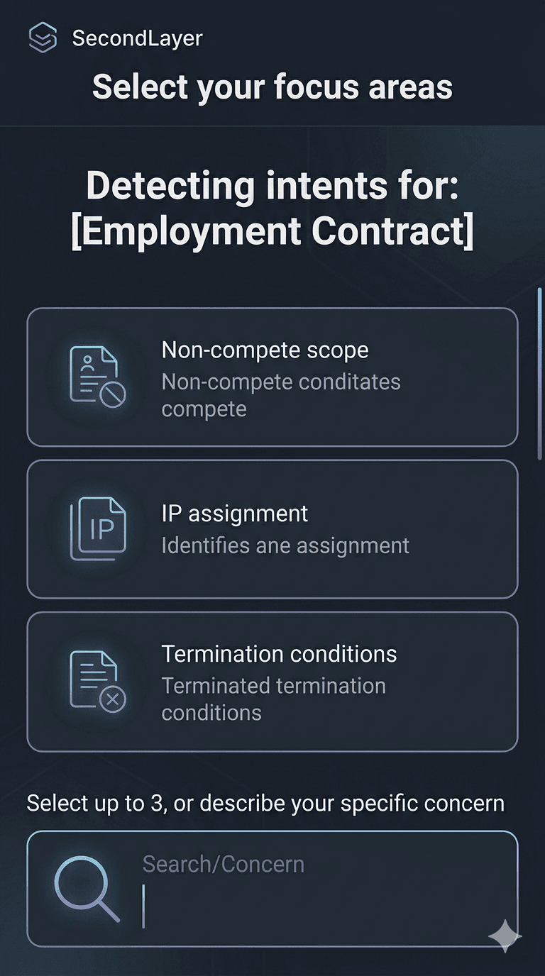 SecondLayer — focus area selection on mobile